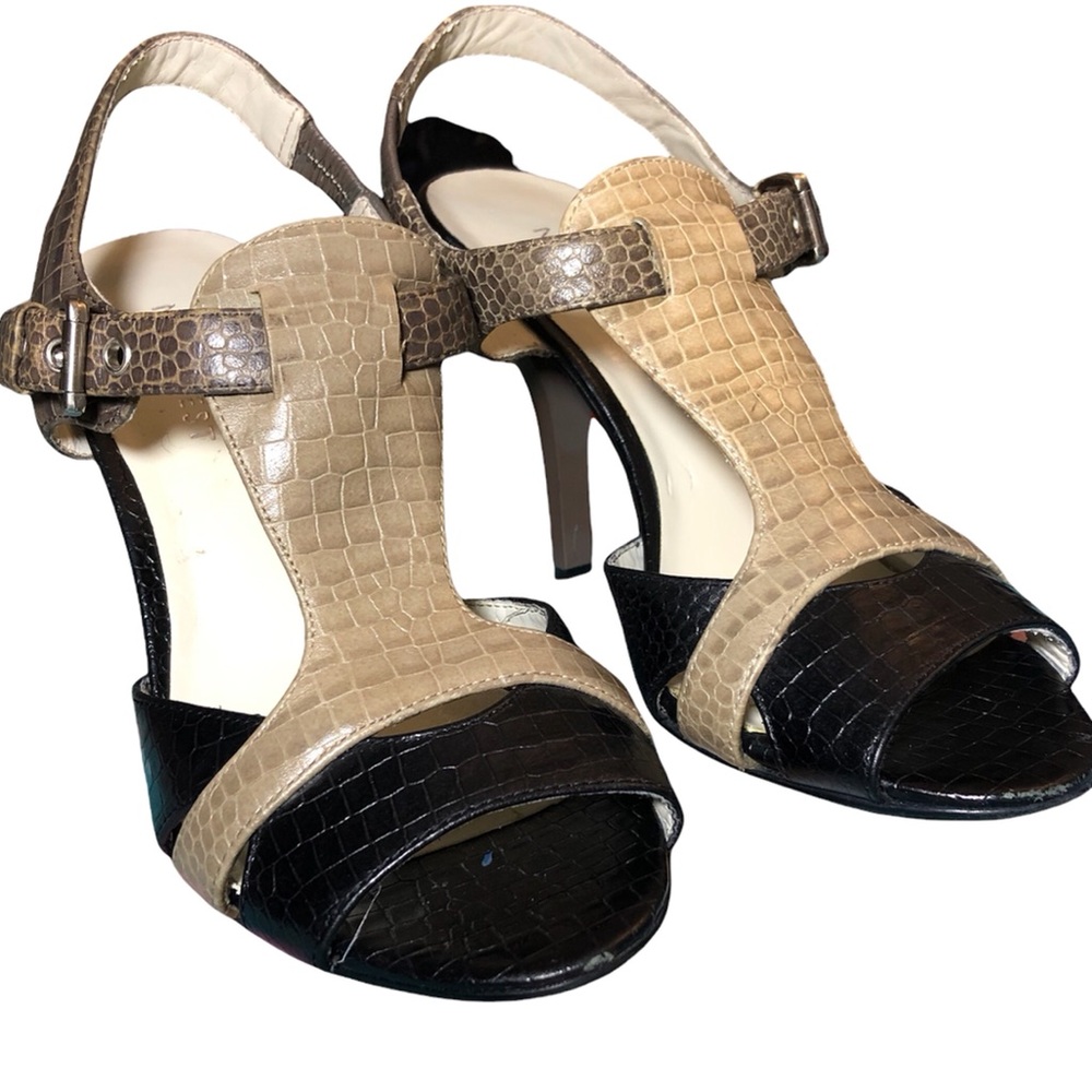 NINE WEST Hammer Croc Texture Slingback Peeptoe Tri-Color Heels Sz 5